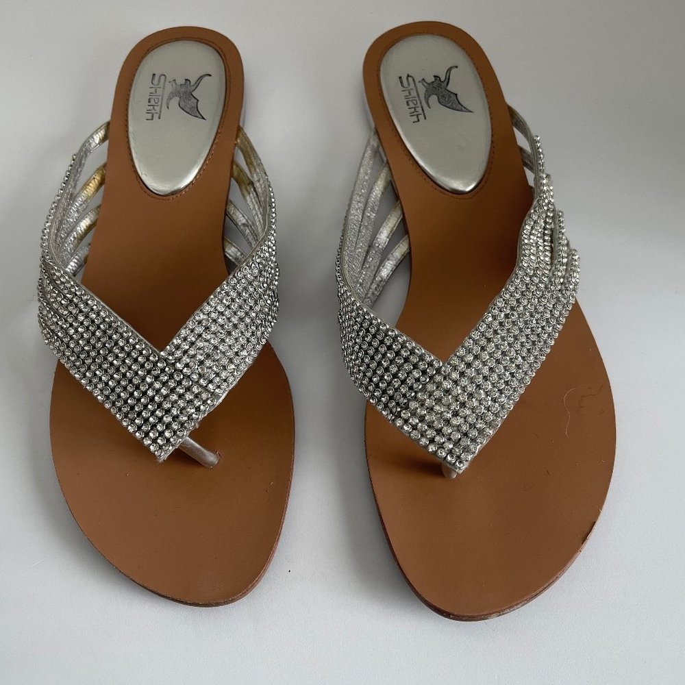 SHIEKH dressy flat Silver and Rhinestone Sandal Size 9